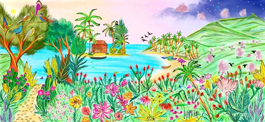 Whimsical illustration of a tropical bay at dusk with palm trees, a beach hut, sailing canoes, birds, blooming flowers, and rolling hills with grazing sheep under a starry sky, signed by Liss Ampuero. Click to enlarge.