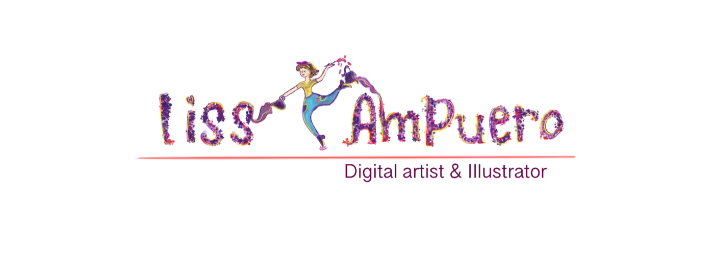 Liss Ampuero, digital artist and illustrator based in Belgium. Hand-lettered logo with an illustrated figure dancing with a paintbrush and a paint pot.