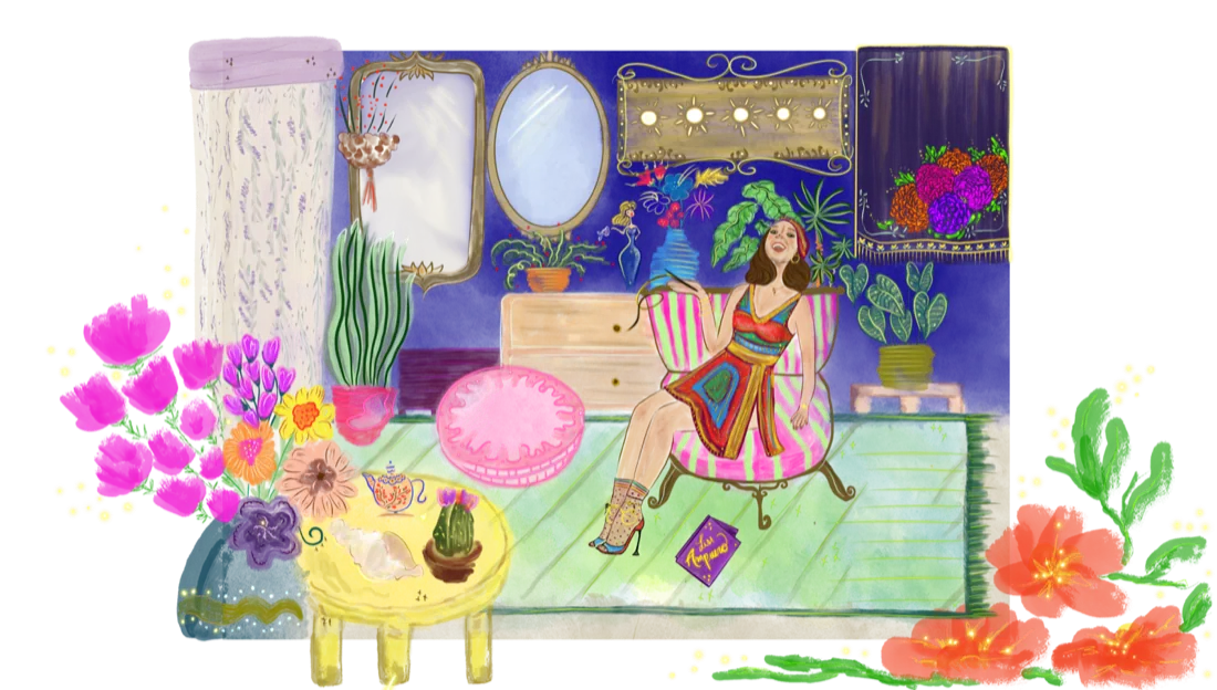 Liss Ampuero illustrated portrait in her colourful bohemian studio