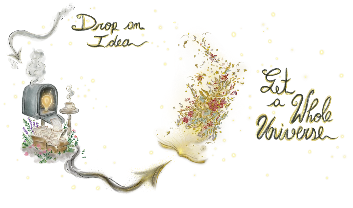Illustration of a glowing mailbox overflowing with letters, connected by a golden ribboned path to an open book blooming with flowers and stars, hand-lettered with the words Drop an Idea and Get a Whole Universe. Click to enlarge.