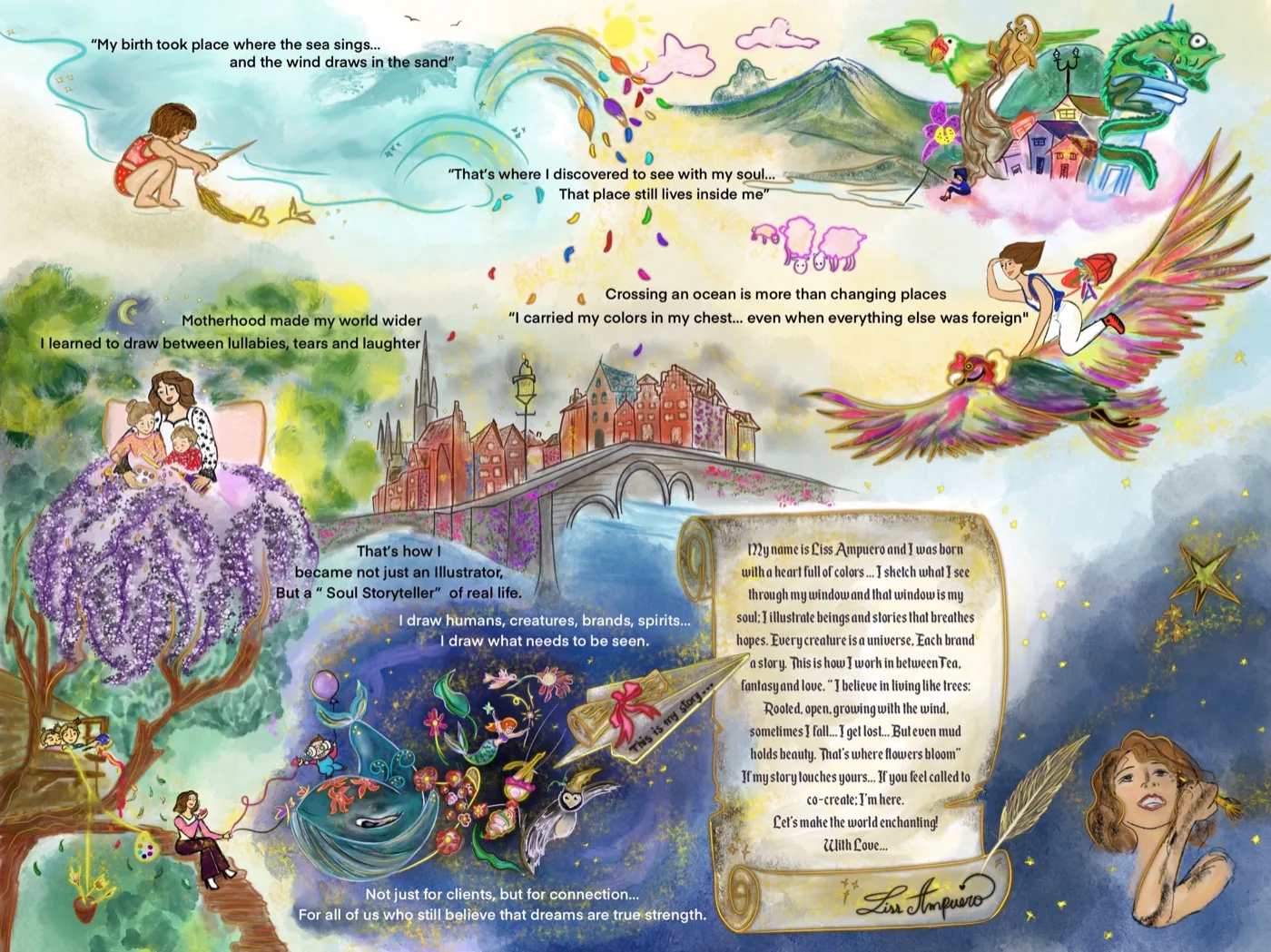 Storytelling illustration, a full narrative book spread by Liss Ampuero