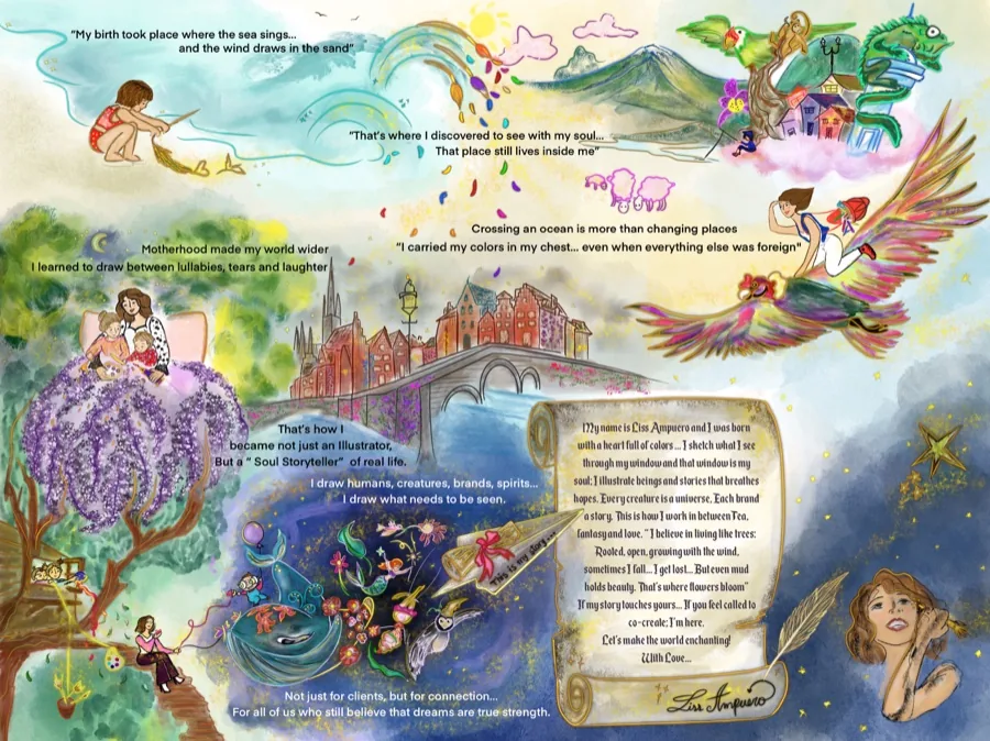 Storytelling illustration, a full narrative book spread by Liss Ampuero. Click to enlarge.