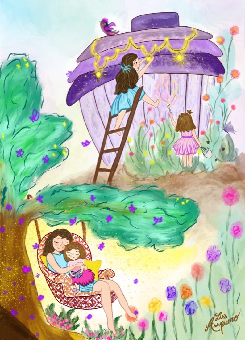 Children's book illustration by Liss Ampuero: two girls decorating a giant cupcake house and reading together on a garden swing.