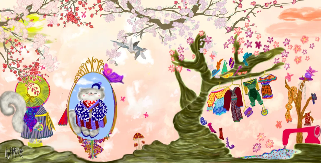 Children's book illustration by Liss Ampuero: Maru at a golden mirror in a cherry-blossom garden, with hanging clothes and a pink sewing machine.
