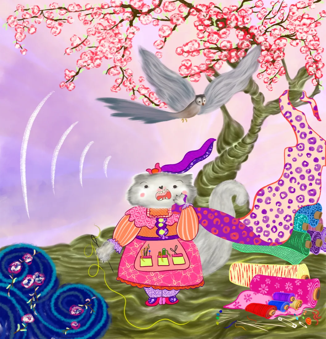 Children's book illustration by Liss Ampuero: Maru the fluffy seamstress under cherry blossoms, surrounded by fabrics, thread, and sewing tools.