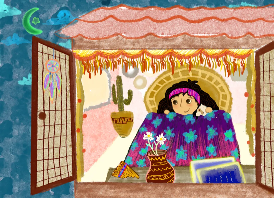 Children's book illustration by Liss Ampuero: a child peeking from under a floral blanket at a window at night, with cactus, pan flute, and a crescent moon.