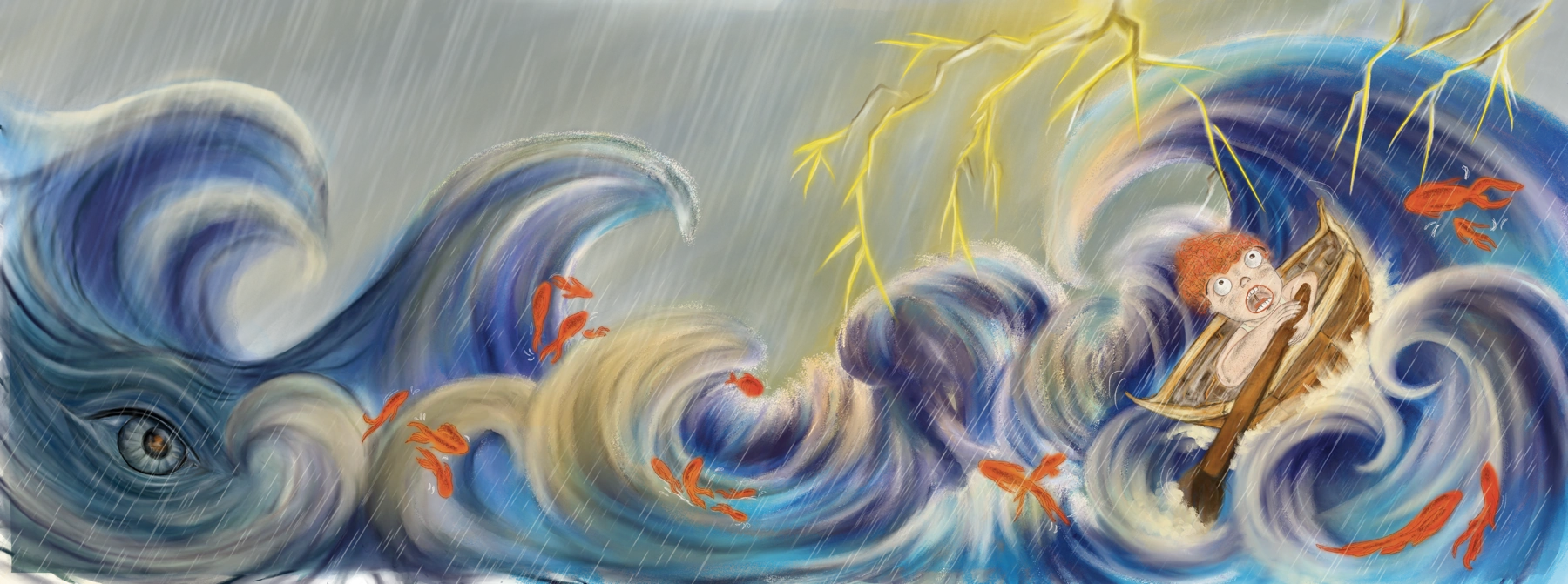 Children's book illustration by Liss Ampuero: a red-haired boy in a wooden boat tossed by storm waves, lightning, and a great eye in the sea. From Nunca estoy solo.