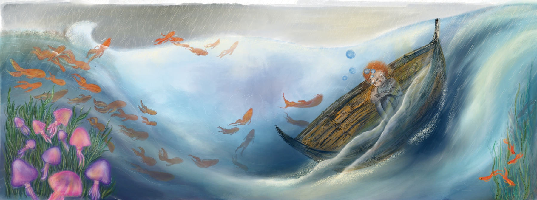 Children's book illustration by Liss Ampuero: a boy huddled in a wooden boat on a dark wave, with jellyfish and orange fish in the water. From Nunca estoy solo.