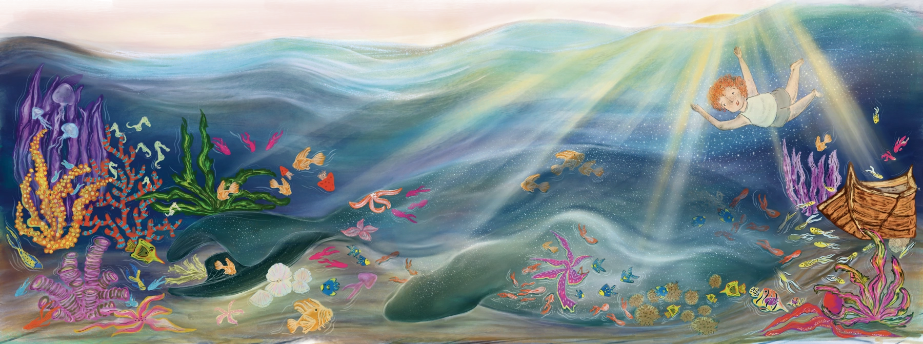 Children's book illustration by Liss Ampuero: a boy diving through sunbeams toward a coral reef, a sunken boat, and a great sea creature. From Nunca estoy solo.