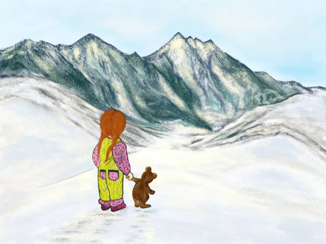 Children's book illustration by Liss Ampuero: a girl with orange braids holding a teddy bear, looking toward snowy mountains.