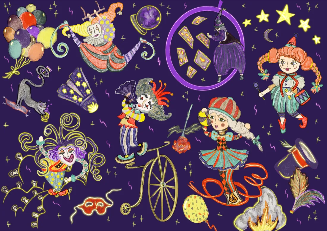 Pattern illustration by Liss Ampuero: a dark-ground carnival of clowns, fortune teller, bicycle, and circus figures with luminous outlines.
