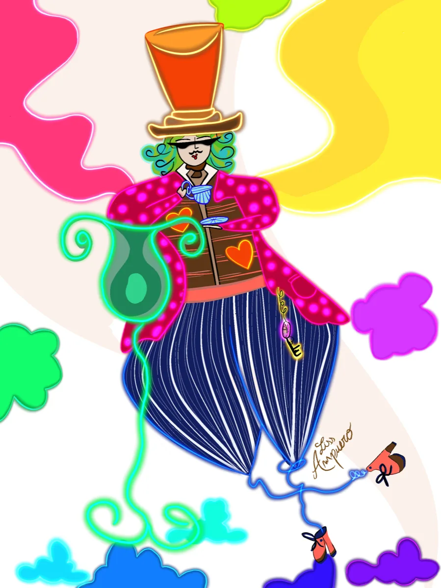 Pop illustration by Liss Ampuero: a surreal hatter in a tall orange hat and pink polka-dot coat, holding a teacup among citrus clouds.
