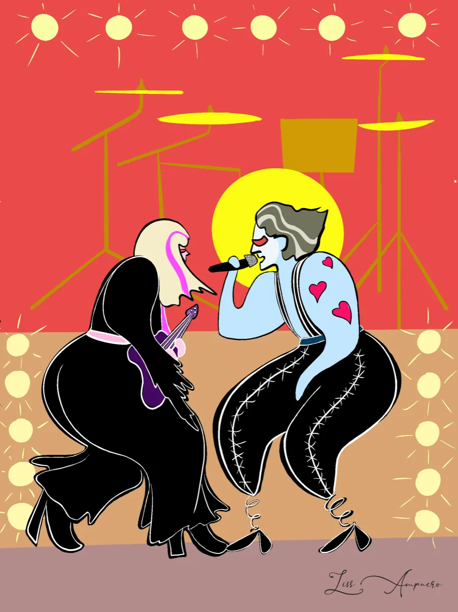 Pop illustration by Liss Ampuero: a singer and guitarist on a red stage with yellow lights and a citrus spotlight.