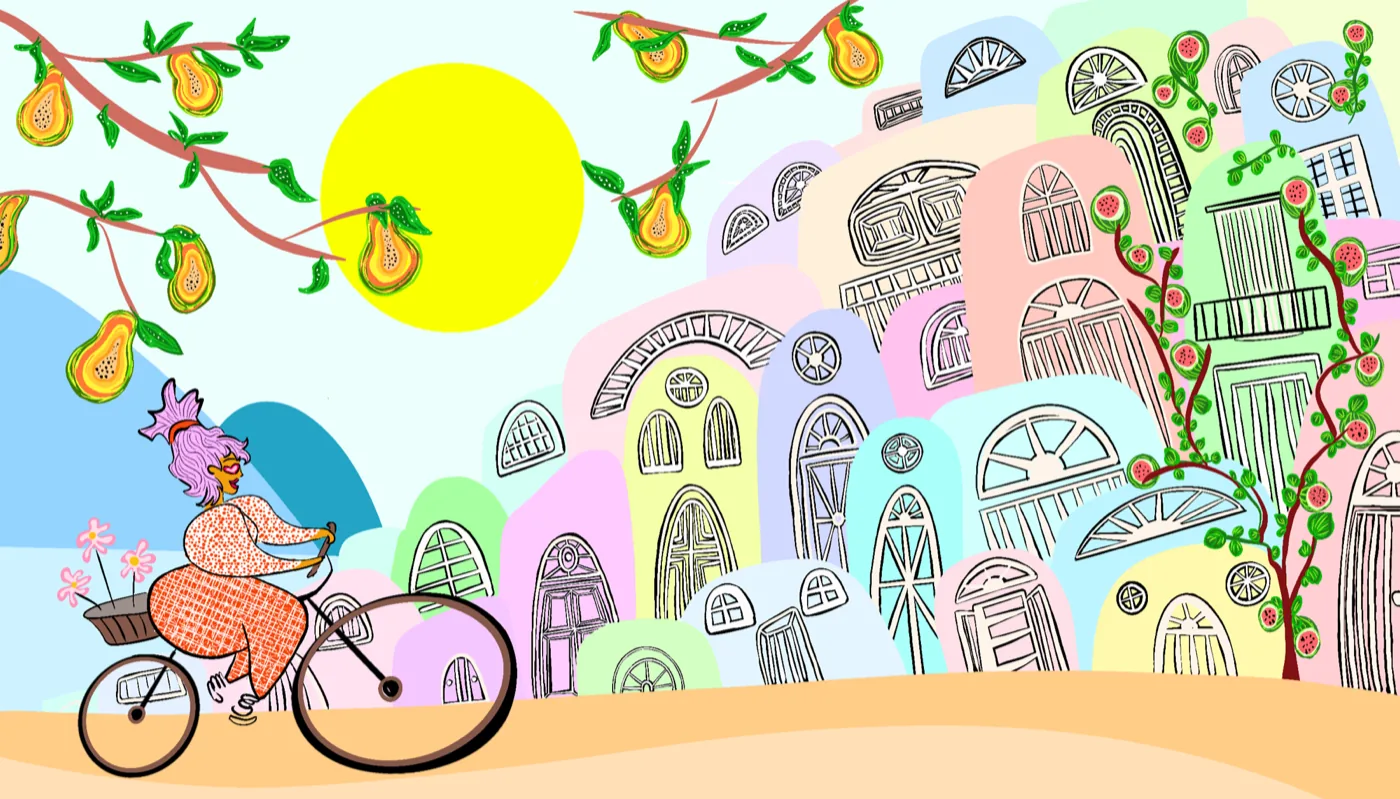 Pop illustration by Liss Ampuero: a woman with purple hair cycling past pastel buildings under a large yellow sun and fruiting branches.