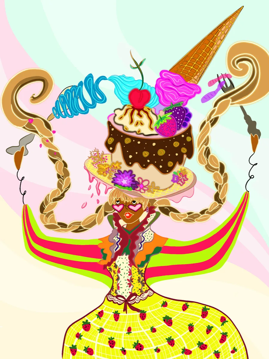 Pop illustration by Liss Ampuero: a woman in heart glasses wearing a towering cake-and-ice-cream hat and a strawberry-patterned dress.