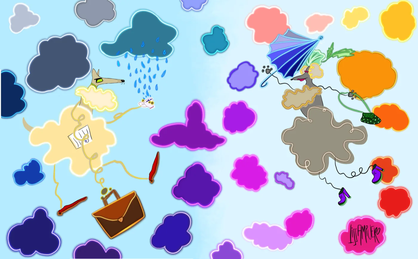 Pop illustration by Liss Ampuero: two stylised dogs floating among neon-outlined citrus clouds, tea, umbrella, and falling shoes.