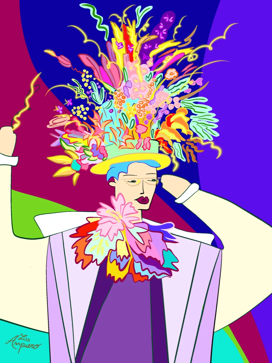 Pop illustration by Liss Ampuero: a portrait with electric-blue hair, glasses, and an exploding citrus floral headpiece.