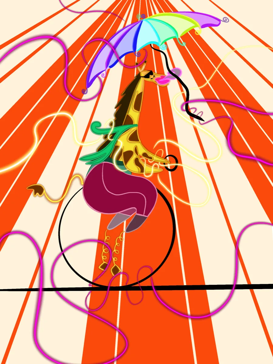 Pop illustration by Liss Ampuero: a sunglassed giraffe on a unicycle with a rainbow umbrella against radiating orange stripes.