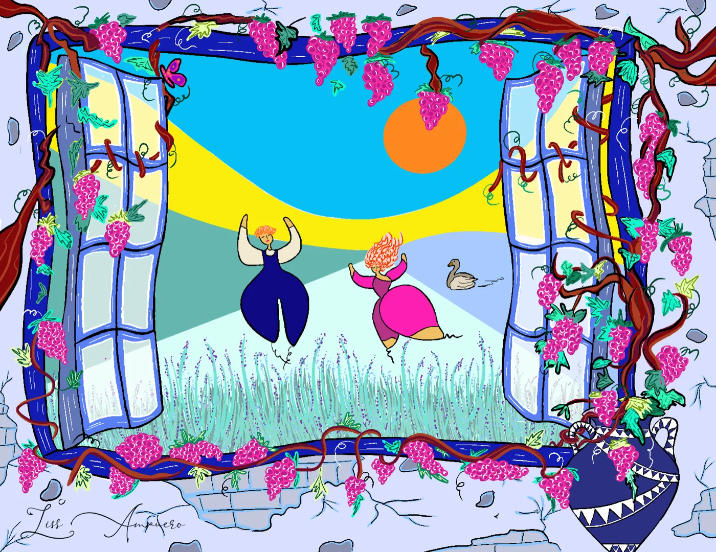 Pop illustration by Liss Ampuero: two figures leaping in a field, seen through a window framed with magenta grapes.