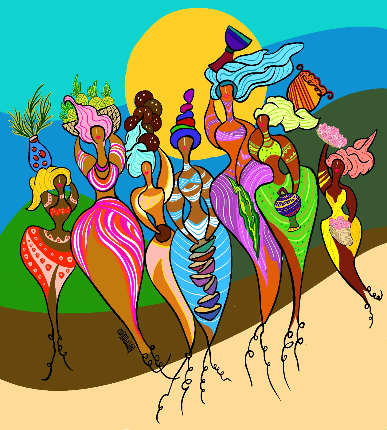 Pop illustration by Liss Ampuero: eight elongated figures carrying baskets, fruit, and pots under a large yellow sun.