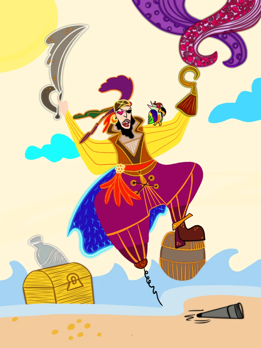 Pop illustration by Liss Ampuero: a pirate with a heart eyepatch, cutlass, and parrot leaping over a beach with octopus tentacles.