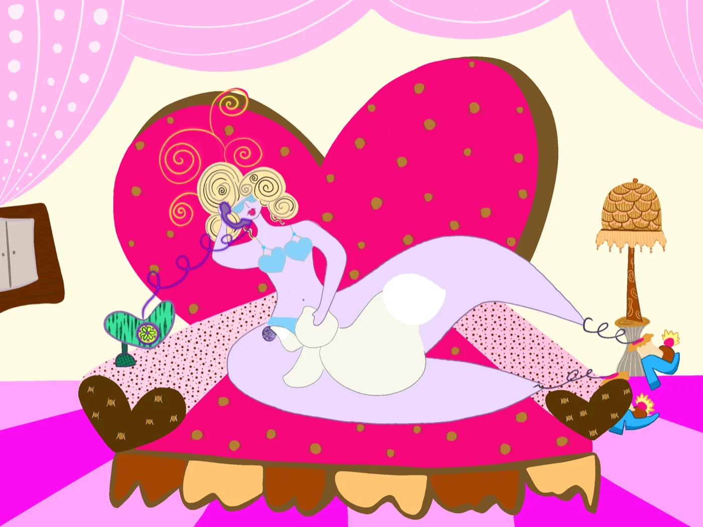 Pop illustration by Liss Ampuero: a lavender-skinned woman reclining on a hot-pink heart bed, talking on a purple telephone.