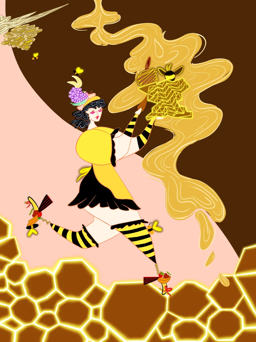 Pop illustration by Liss Ampuero: a bee-themed figure carrying a glowing honeycomb tray through swirls of gold honey.