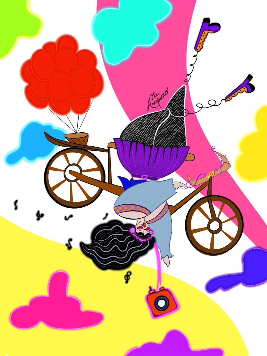 Pop illustration by Liss Ampuero: a woman falling upside-down with a bicycle, red balloons, headphones, and citrus colour fields.