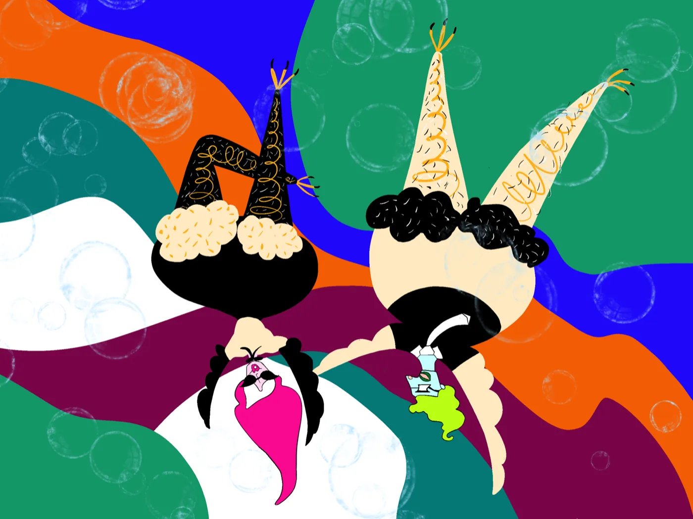 Pop illustration by Liss Ampuero: two upside-down figures with magenta and lime hair, bird talons, and floating white bubbles.