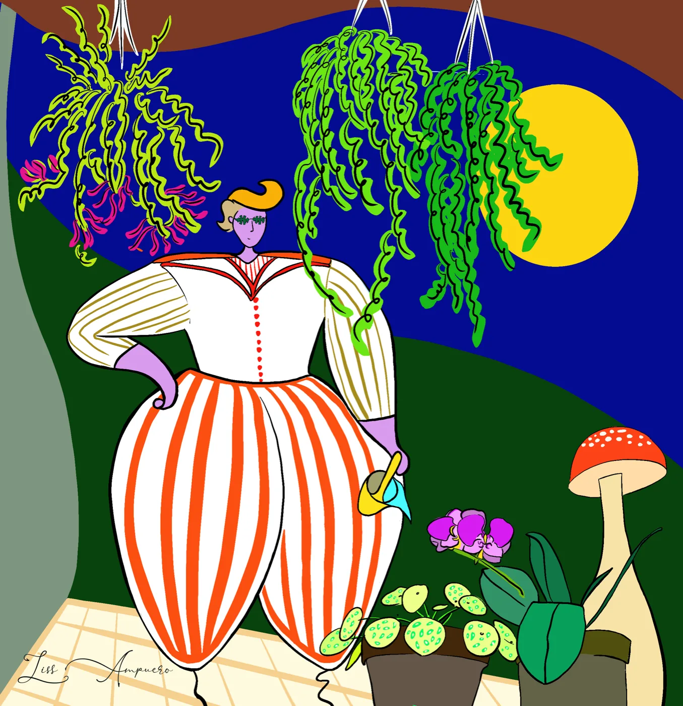 Pop illustration by Liss Ampuero: a figure in orange-striped balloon trousers watering plants under a yellow moon.