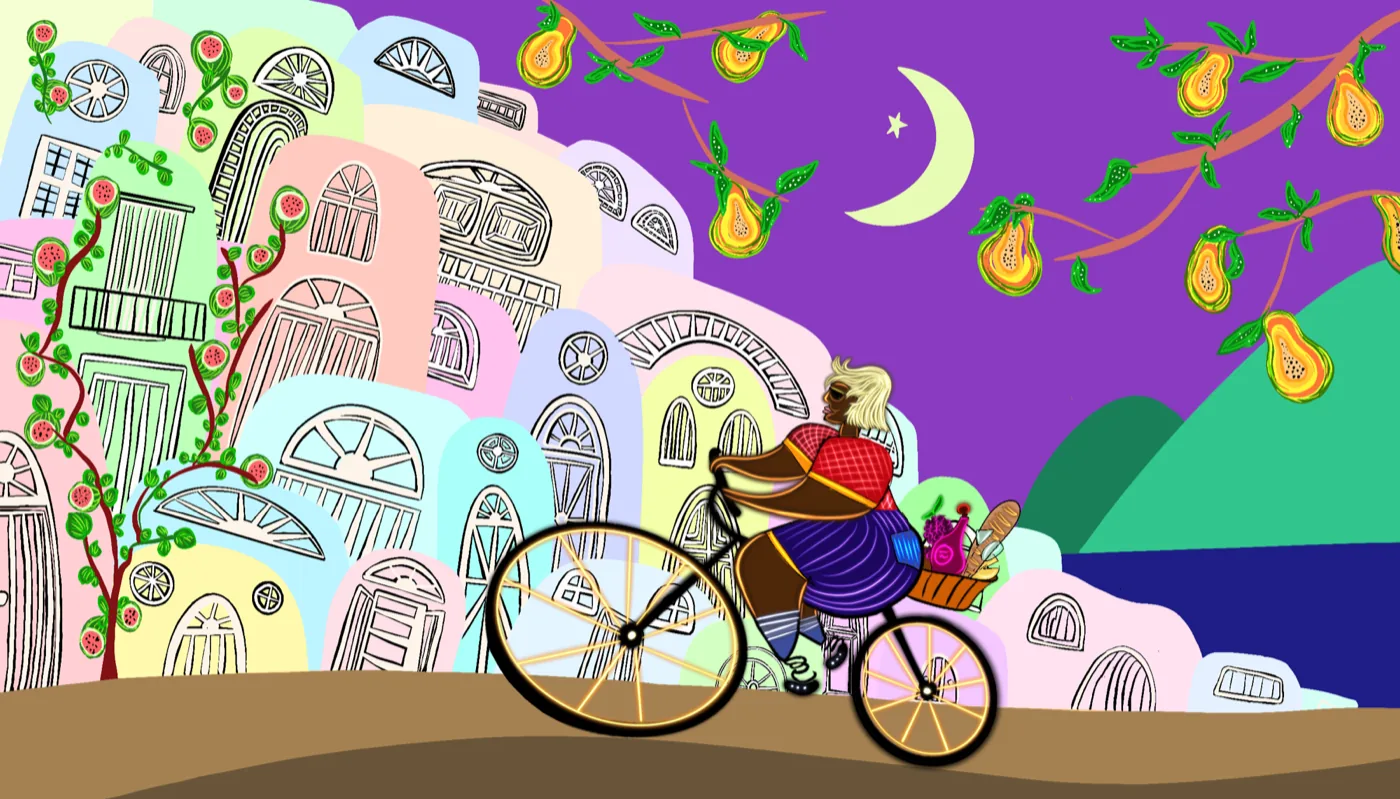 Pop illustration by Liss Ampuero: a woman cycling past pastel buildings under a purple night sky, crescent moon, and citrus fruit.