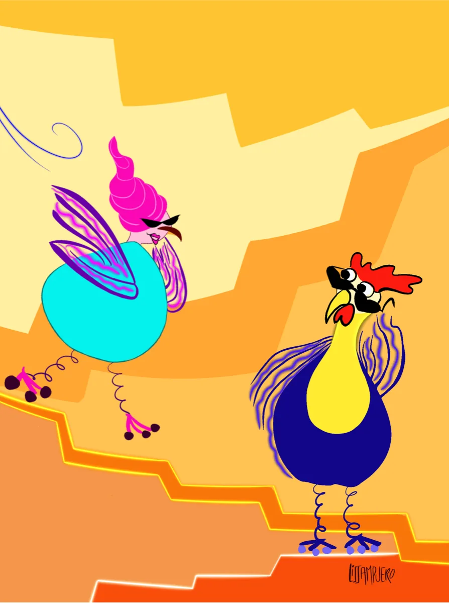 Pop illustration by Liss Ampuero: a hen and a rooster on roller skates against a jagged citrus staircase.