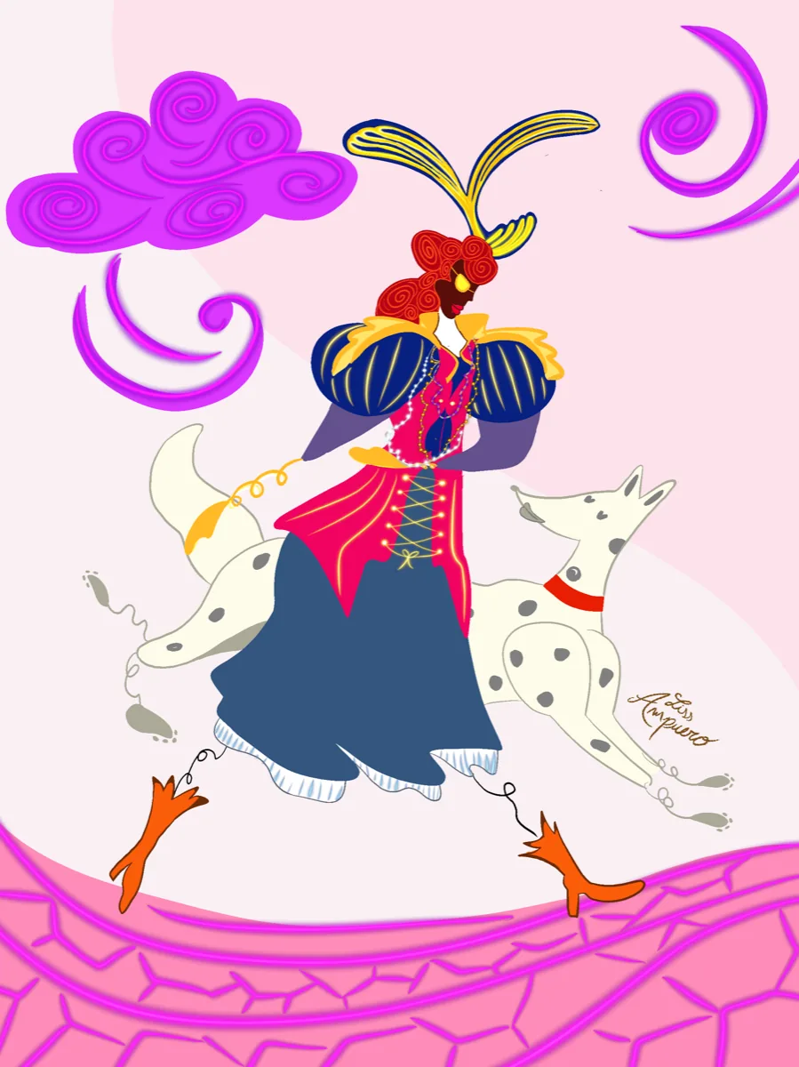 Pop illustration by Liss Ampuero: a fashion figure in orange duck-boots walking with a slender spotted companion under pink spirals.