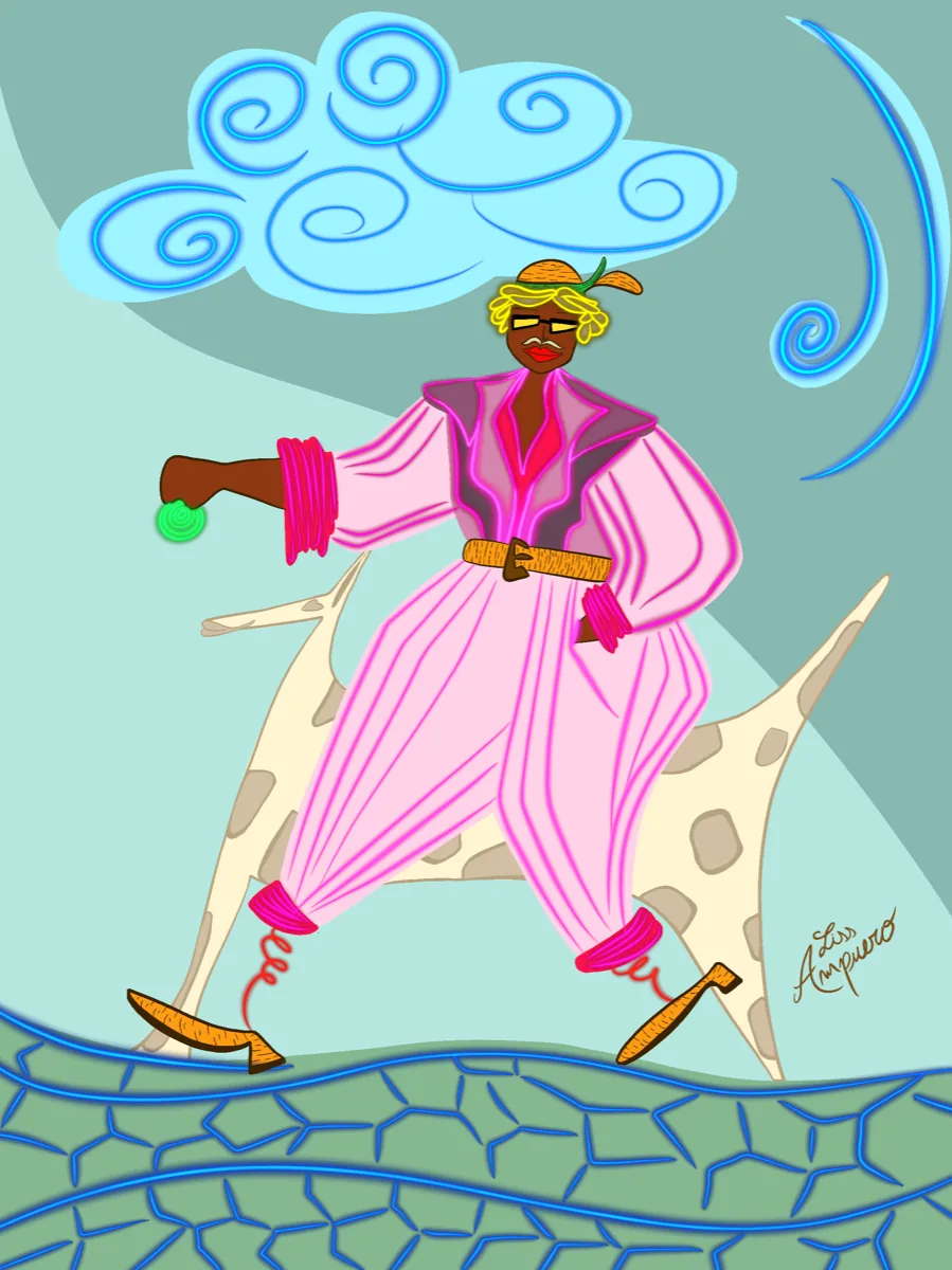 Pop illustration by Liss Ampuero: a figure in pink-and-white stripes riding a spotted creature under neon-blue clouds.
