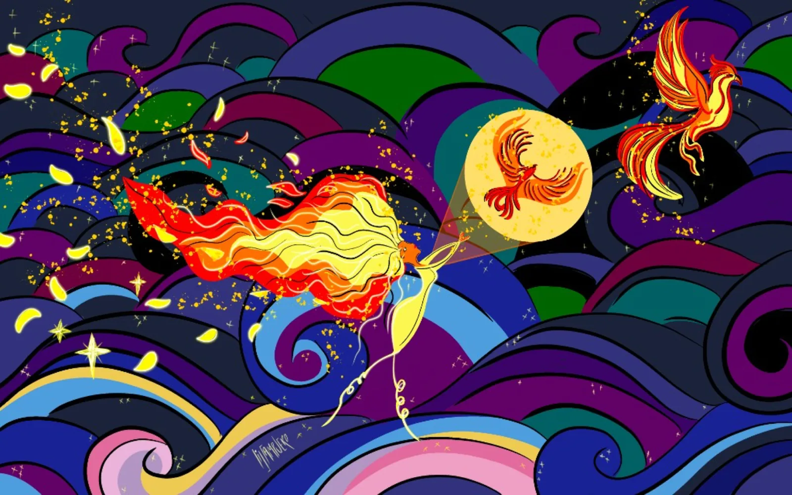 Illustration by Liss Ampuero: a woman with flowing fire hair reaching toward a phoenix in the moon, against a swirling night sky. Click to enlarge.