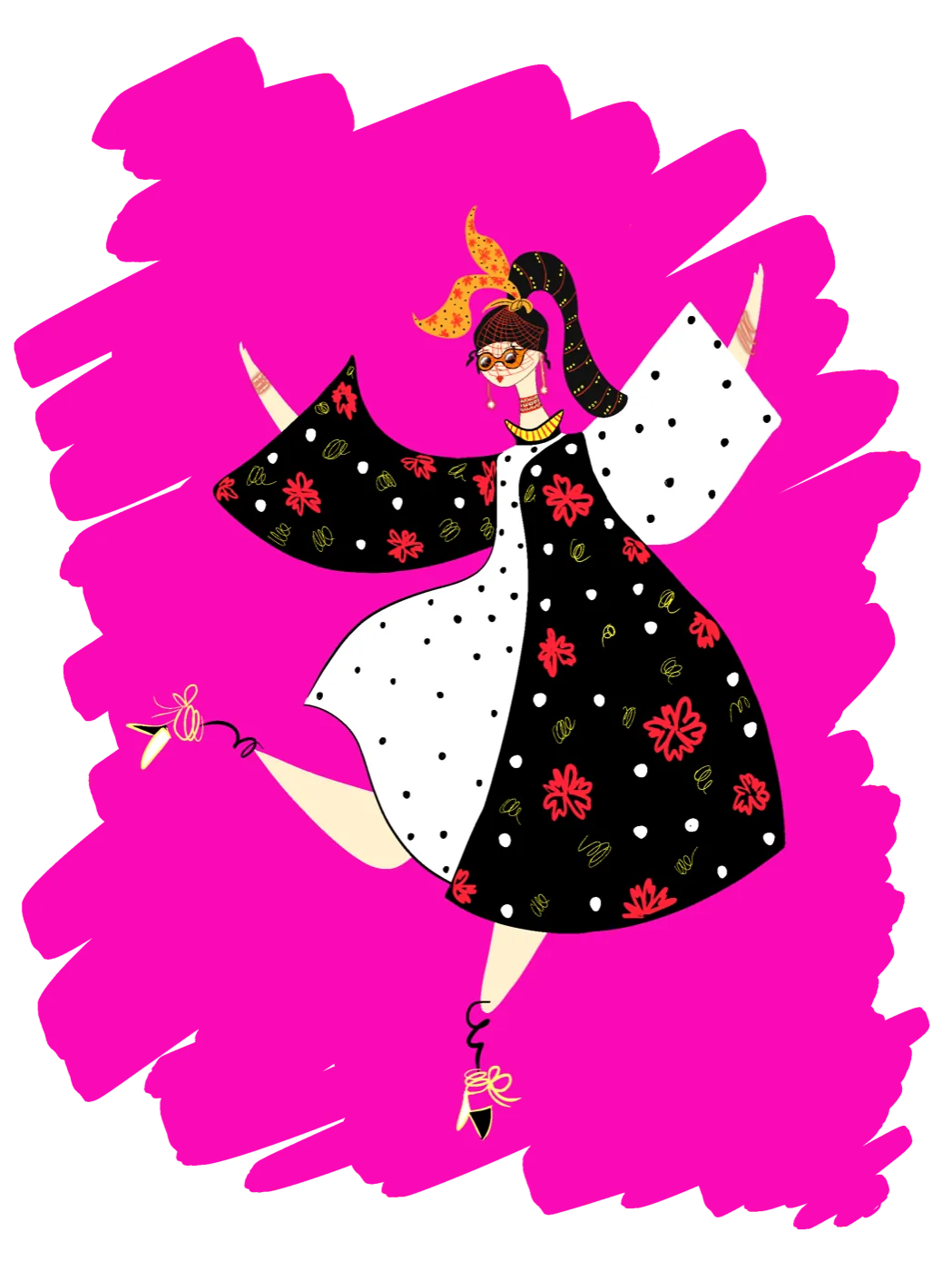 Fashion illustration by Liss Ampuero: a dancer in a split floral and polka-dot dress against magenta. Click to enlarge.