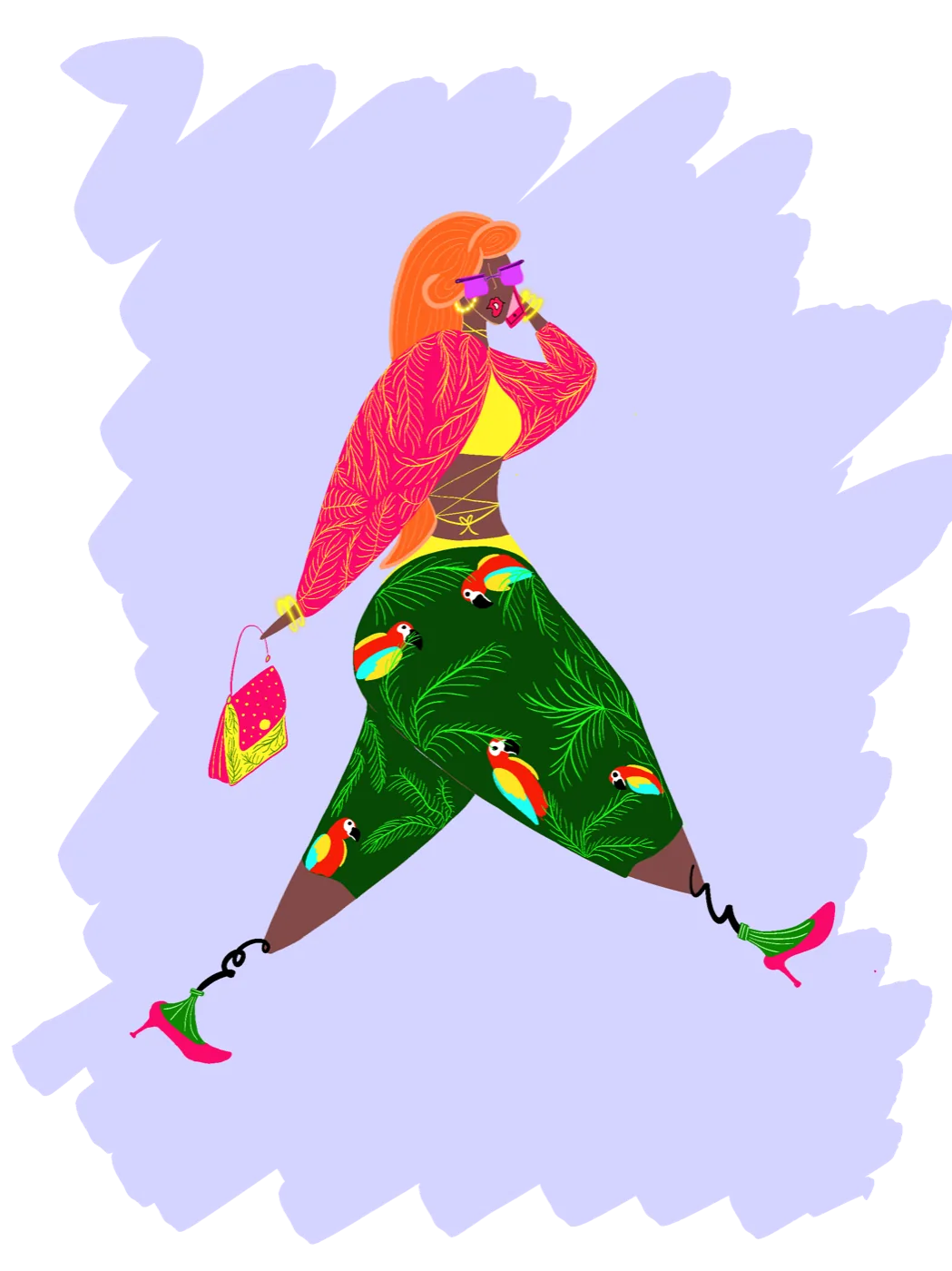 Fashion illustration by Liss Ampuero: a woman on the phone in a pink jacket and parrot-print trousers. Click to enlarge.