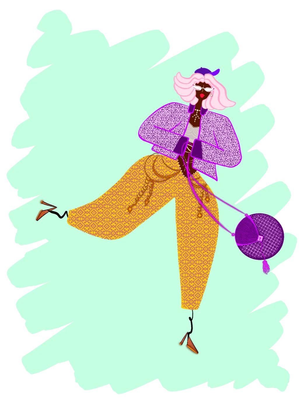 Fashion illustration by Liss Ampuero: a figure in a lilac jacket and patterned yellow trousers against mint. Click to enlarge.