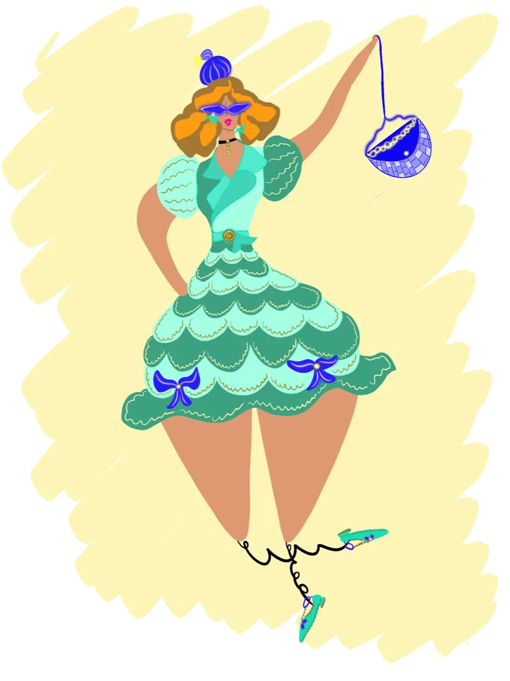 Fashion illustration by Liss Ampuero: a figure in a mint blouse and scalloped teal skirt against yellow. Click to enlarge.