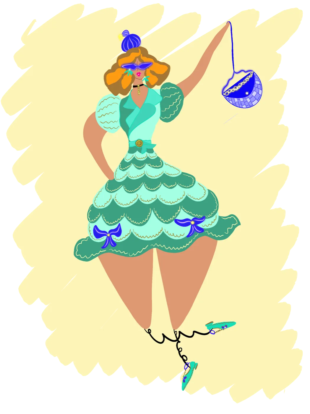 Fashion illustration by Liss Ampuero: a figure in a mint blouse and scalloped teal skirt against yellow. Click to enlarge.
