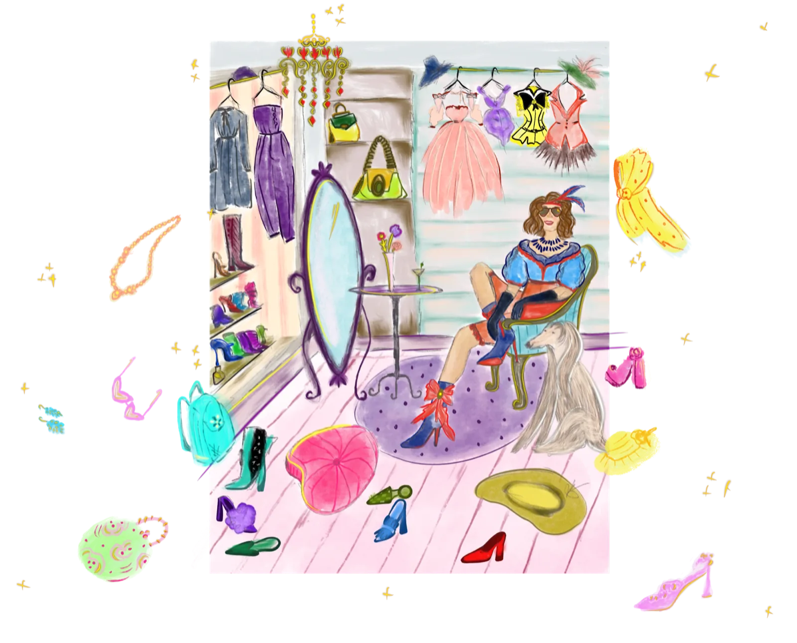Fashion illustration by Liss Ampuero: a dressing room with a figure at the mirror, a dog, and accessories floating on black. Click to enlarge.
