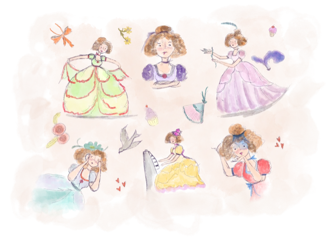 Character study by Liss Ampuero: seven watercolour sketches of a curly haired girl in period gowns, exploring poses and expressions. Click to enlarge.