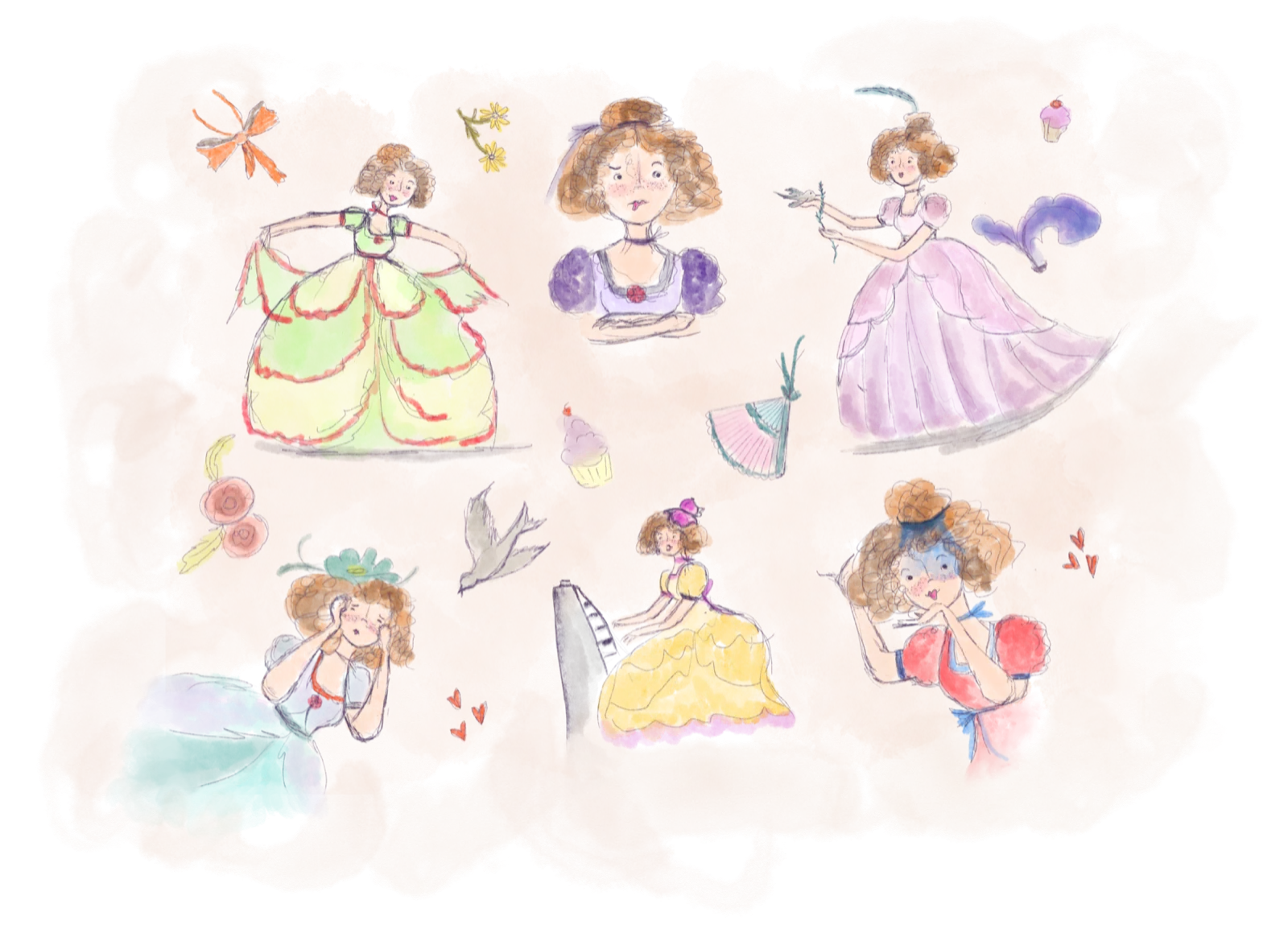 Character design by Liss Ampuero: a girl surrounded by her narrative world