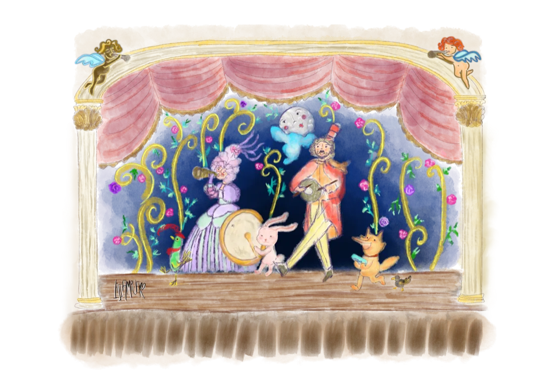 Watercolour illustration by Liss Ampuero: a troupe of animal and human musicians performing on a theatre stage framed by rose garlands and cherubs. Click to enlarge.