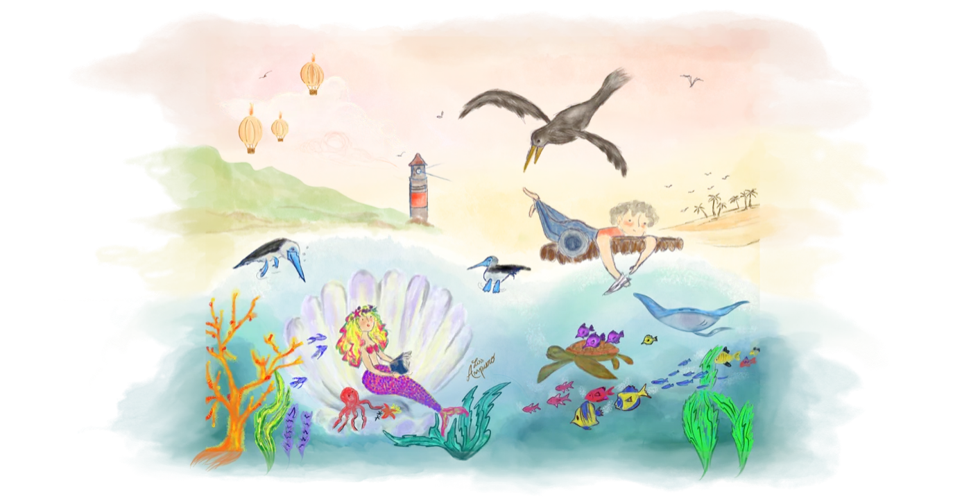Watercolour illustration by Liss Ampuero: a boy flying over the sea on a giant bird above a mermaid in a shell, with a lighthouse and hot air balloons on the horizon. Click to enlarge.