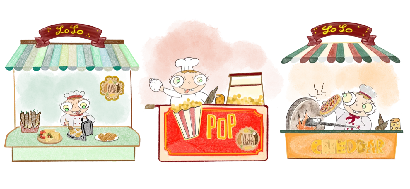 Three LoLo bakery stalls for waffle, popcorn, and cheddar pizza, by Liss Ampuero. Click to enlarge.