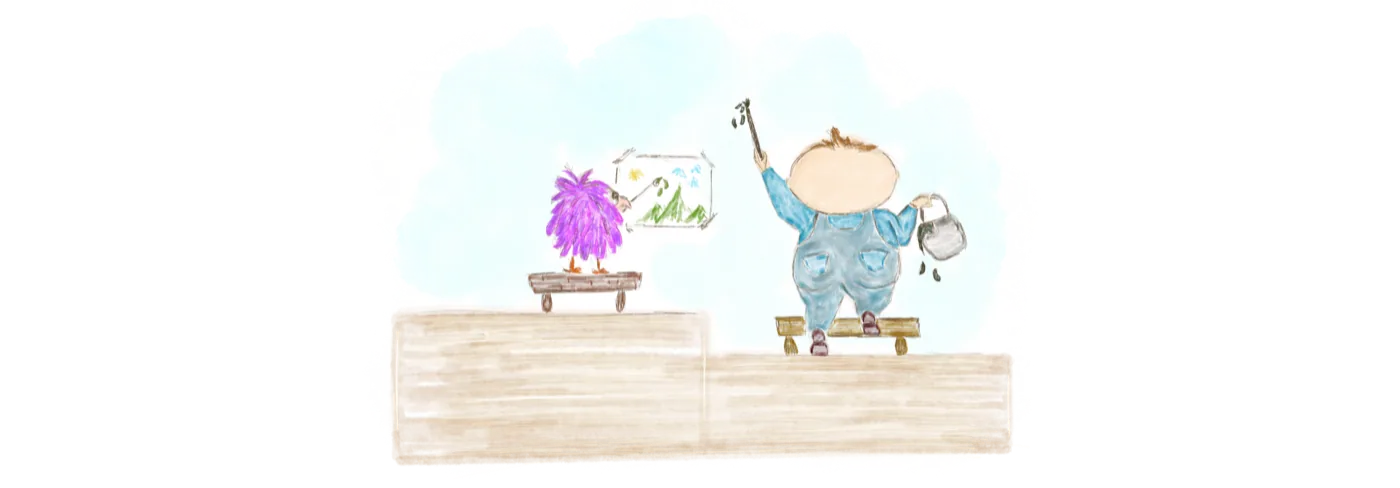 LoLo painting the mist while Fuzzle works a tiny canvas, by Liss Ampuero. Click to enlarge.