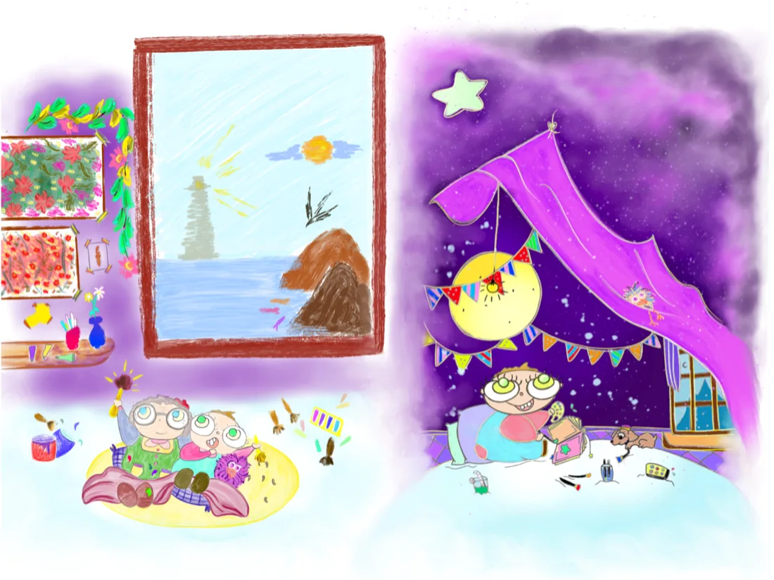 Manuscript spread 1: studio and night tent, by Liss Ampuero. Click to enlarge.