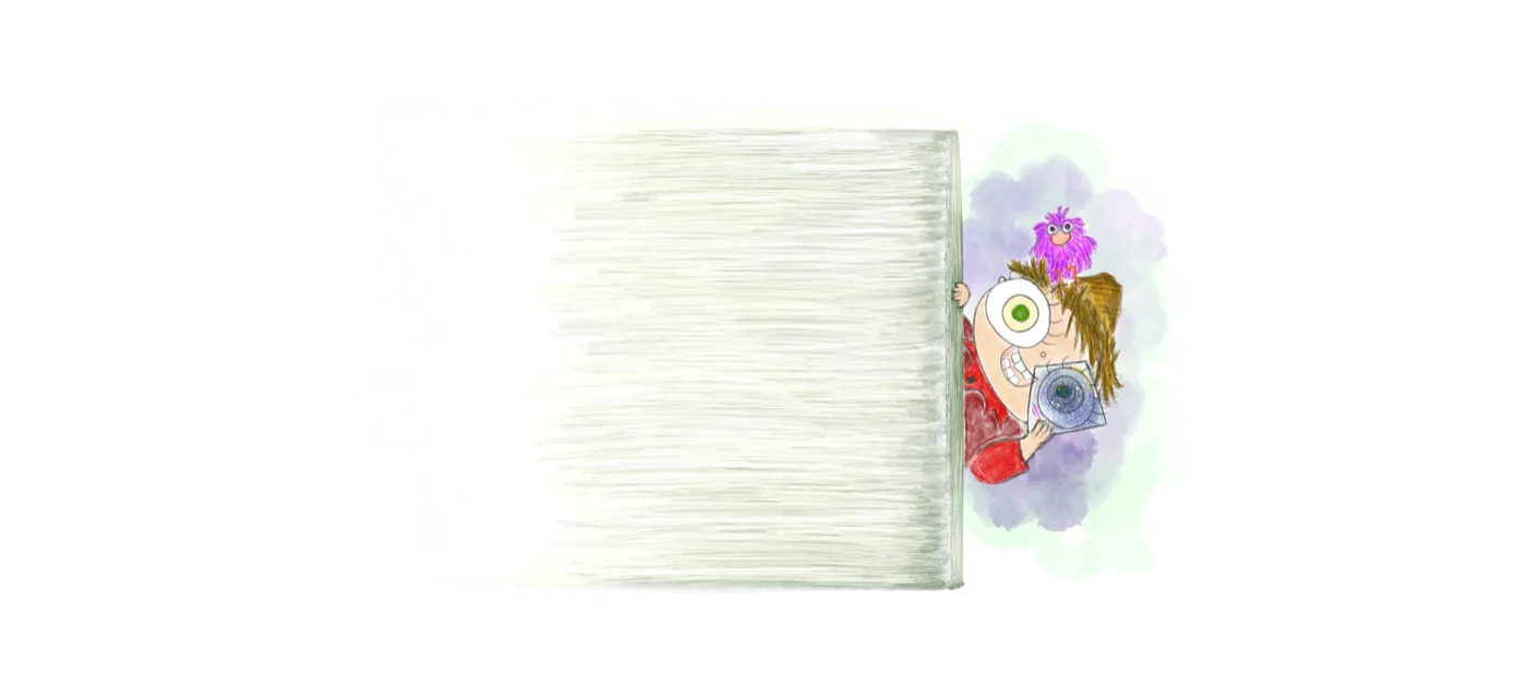 Character sheet of LoLo peeking from a white motion field with Fuzzle on his head, by Liss Ampuero. Click to enlarge.