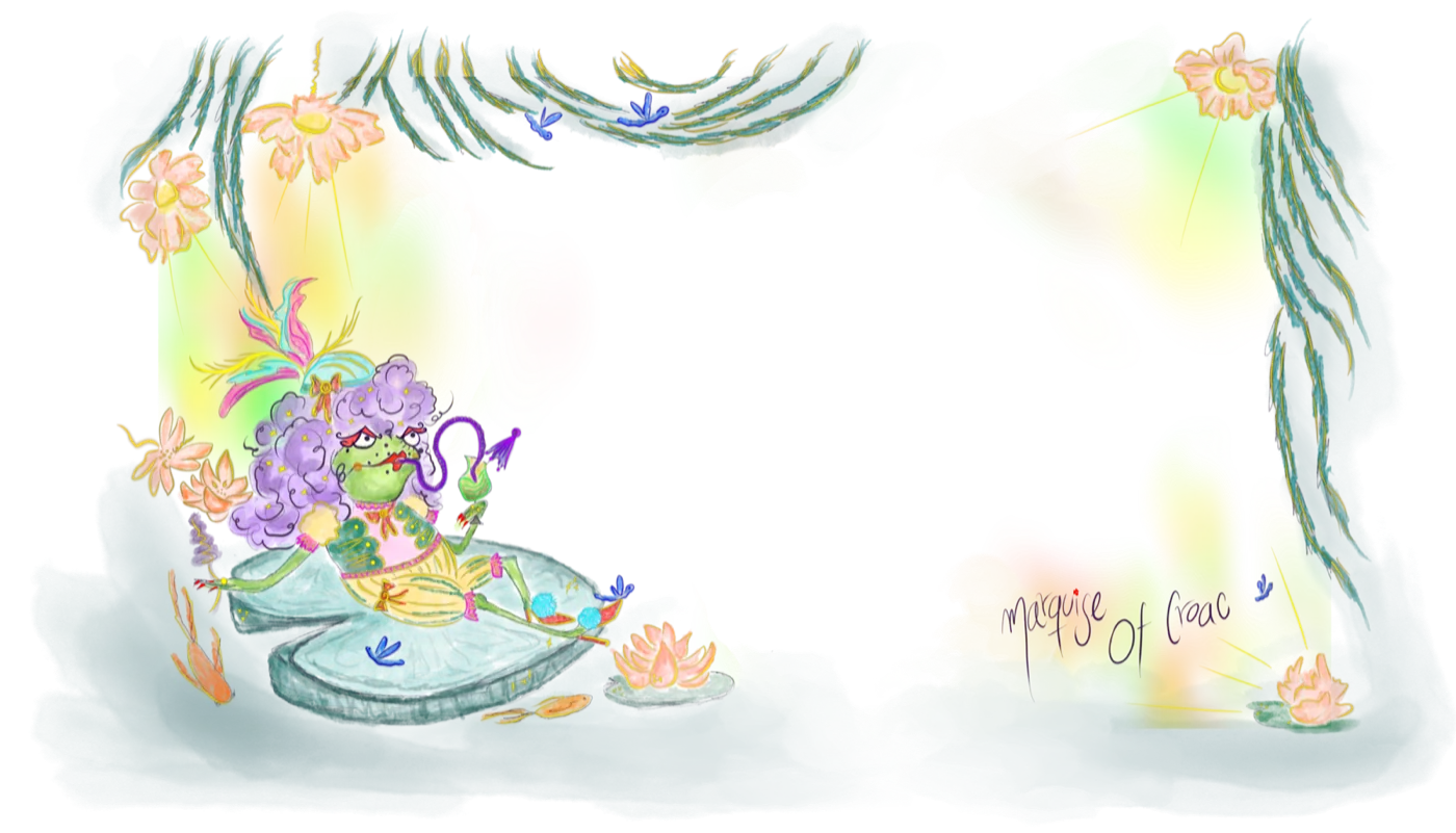 The Marquise of Croac reclining on a lily pad in a lantern-lit swamp, by Liss Ampuero. Click to enlarge.